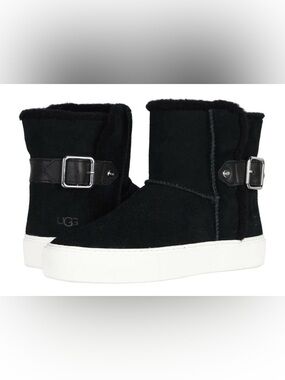 UGG Aika Mid-Height Flat Boots Black Genuine Suede Booties Fur Lining